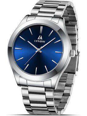 Men's Silver Blue Classic Waterproof Stainless Steel Analog Quartz Luxury Watch
